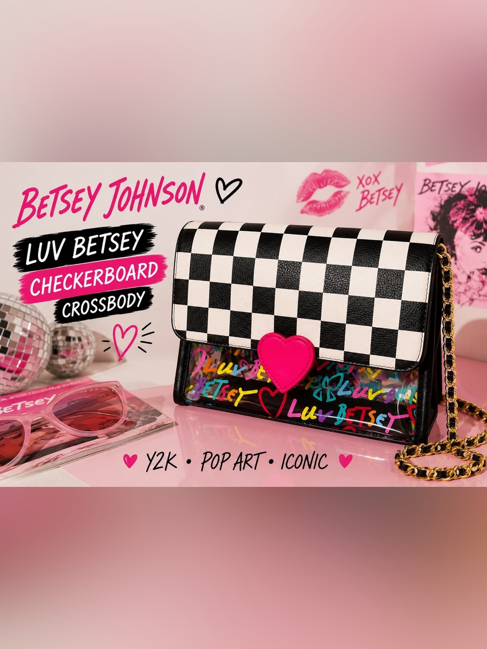 Betsey Johnson Luv Betsey Checkerboard Heart Crossbody Purse Y2K Pop Art Bag